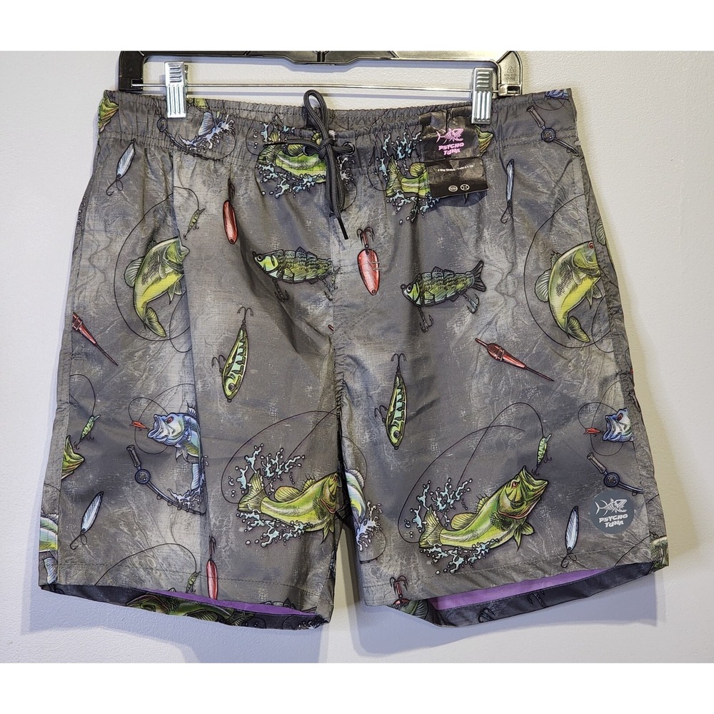 Psycho Tuna Mens Size Large Reel Em In Charcoal‎ Bass Fish Swim Trunks Shorts 32